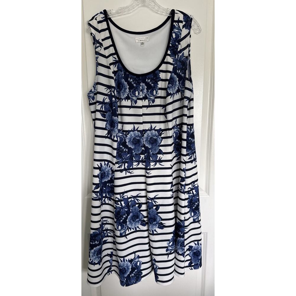 Robbie Bee Signature Dress 2X Blue White Floral Stripe Sleeveless XXL - Picture 3 of 7
